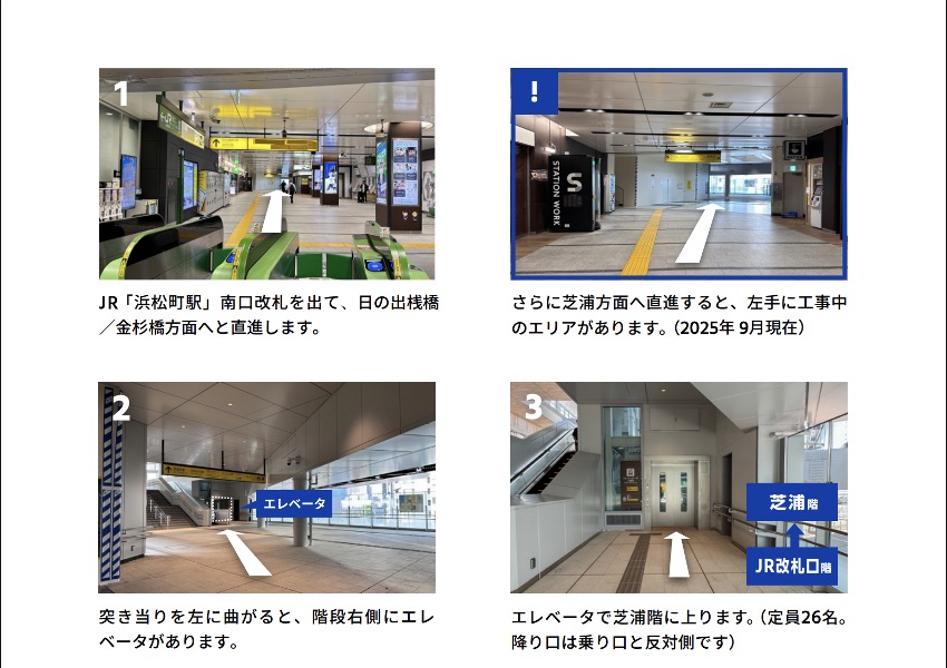 JR浜松町駅南口改札からの移動手順を示す案内写真。矢印で進行方向とエレベーター位置を案内。